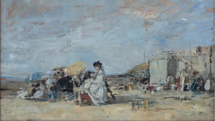Immagine dell'opera di Eugène Boudin "Signora in bianco sulla spiaggia di Trouville" 