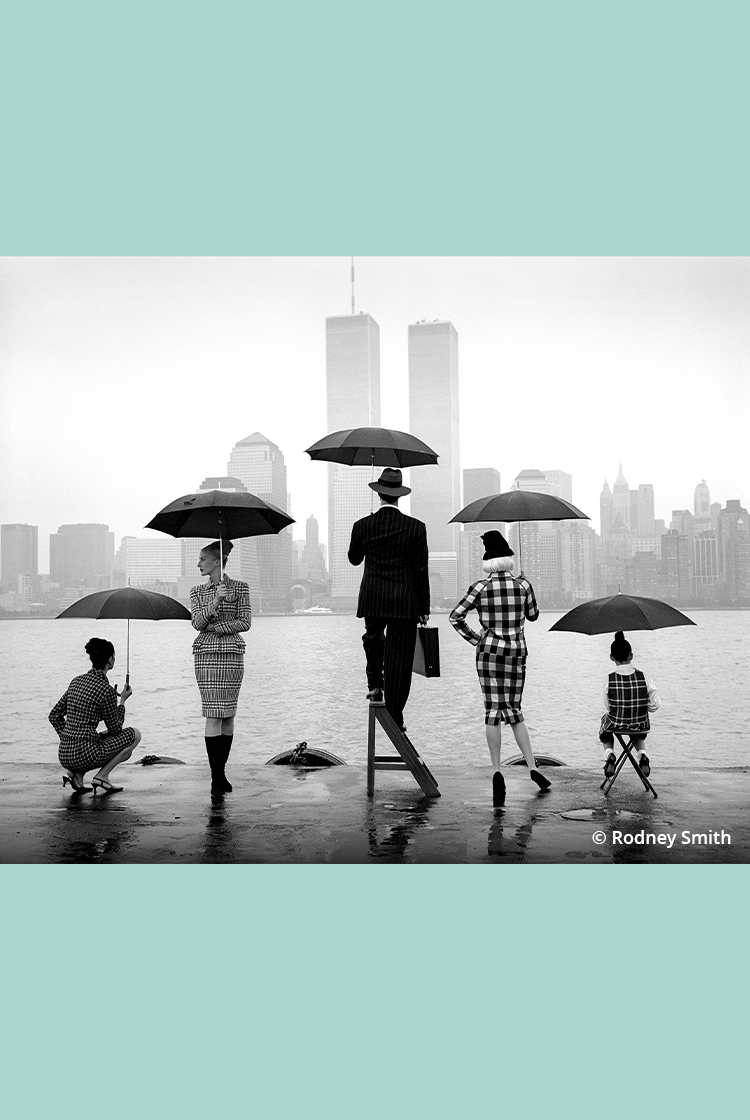 Fotografia di Rodney Smith che ritrae un gruppo di persone sotto la pioggia, con lo skyline urbano a fare da sfondo