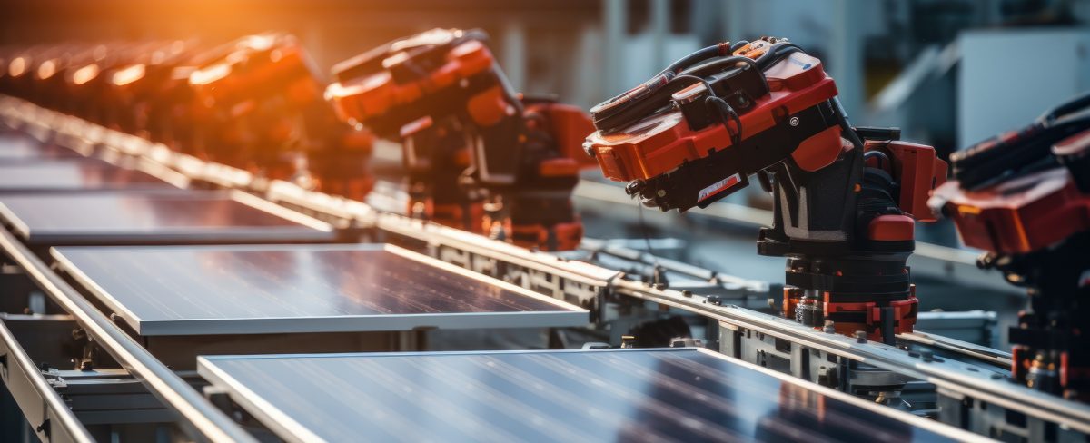 The image accompanying the News on the meeting “PNRR and EDIH: financing Research and Innovation with incentives” organized by SMACT Competence Center in collaboration with Intesa Sanpaolo and T2i to present to companies the financing opportunities to support their digital transition and research and innovation projects, portrays some robotic arms assembling solar panels in a high-tech factory